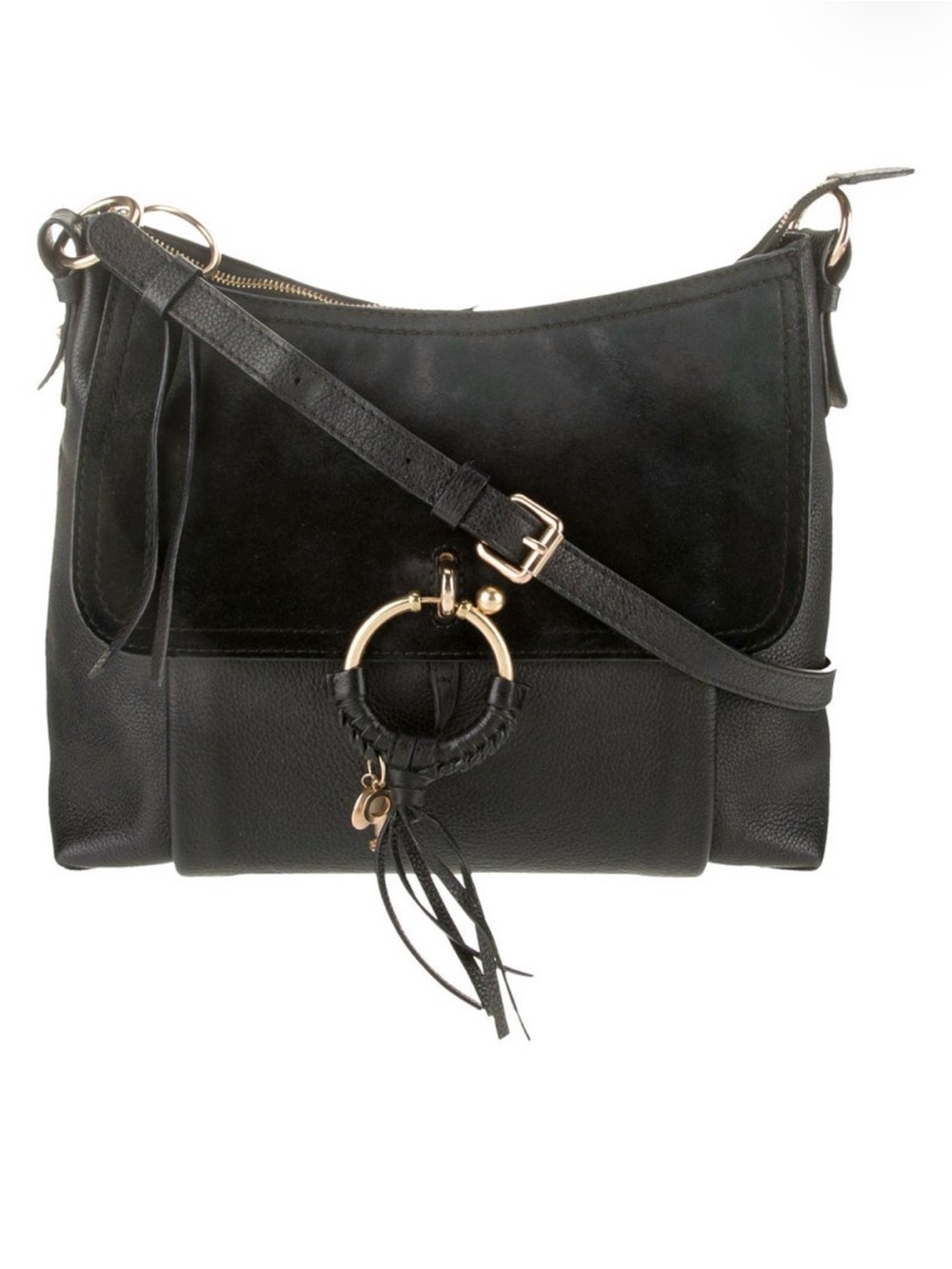 See by Chloé Black Leather and Suede Crossbody with Gold Ring Detail